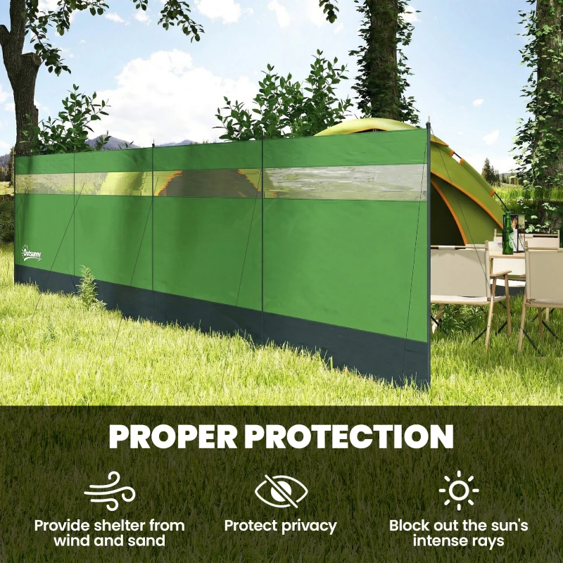 Outsunny Camping Windbreaker with Clear Windows and Steel Poles, for Beach Caravan Campervan, 725 x 140cm, Army Green