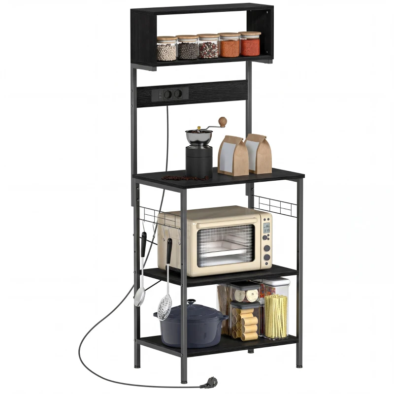 HOMCOM Estante de Cozinha com Tomada Múltipla para Micro-ondas com Prateleiras e Ganchos Estilo Industrial, Madeira e Aço, Preto