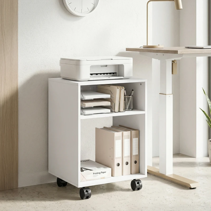 HOMCOM Mueble para Impresora de Madera con Ruedas con Freno y 2 Compartimentos Abiertos, 40x35x55 cm, para Oficina y Estudio, Blanco