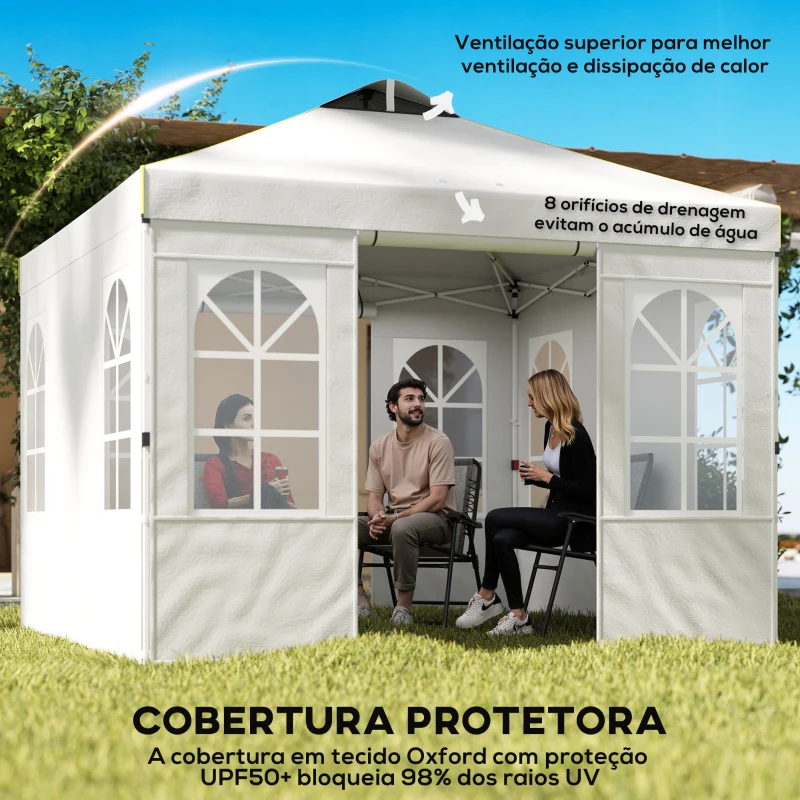 Outsunny Tenda Dobrável 3x3 m Pop-up com UPF 50+, 4 Laterais Removíveis, Altura Ajustável e Bolsa de Transporte, Branco