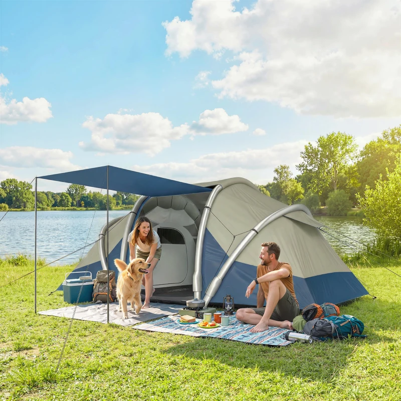 Outsunny Cort gonflabil 4 persoane Montare rapidă Camping exterior cu 2 dormitoare, ferestre din plasă, pridvor