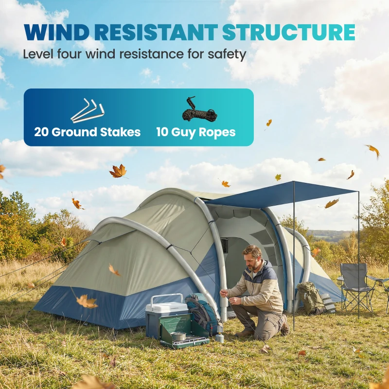 Outsunny Cort gonflabil 4 persoane Montare rapidă Camping exterior cu 2 dormitoare, ferestre din plasă, pridvor