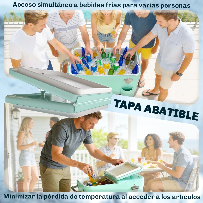 Outsunny Carro de Bebidas Refrigerado 56L con Ruedas Abrebotellas Recogetapas y Asa para Patio Fiesta 75x35x78 cm Verde Claro