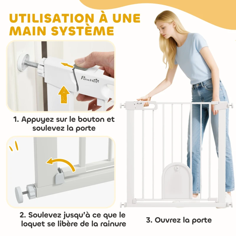 PawHut Barrière de sécurité animaux avec porte fermeture automatique système de double verrouillage, acier blanc