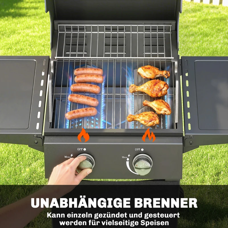 Outsunny Gasgrill 5,4 KW 2 Brenner Stahl BBQ Grillwagen inkl klappbar Seitentisch Thermometer verchromter Grillrost Warmhalterost