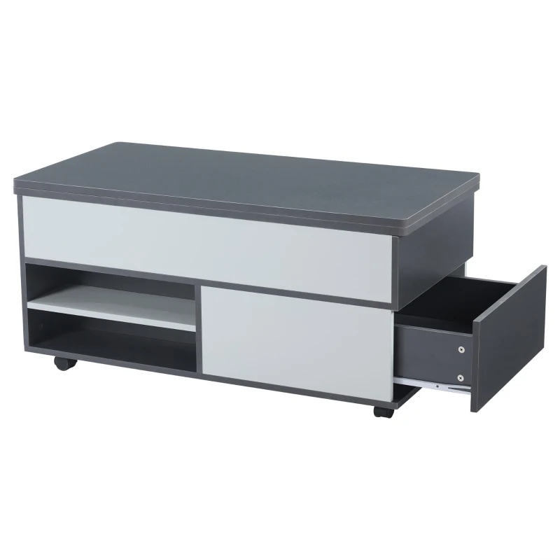 Tavolino da salotto regolabile in altezza con leva idraulica e 4 ruote girevoli, 100x98x65 cm, Grigio e Bianco