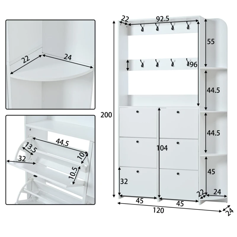 Mobile appendiabiti 3 in 1 con scarpiera, 120x24x200 cm, Bianco