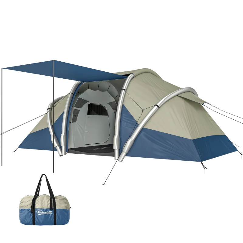 Outsunny Cort gonflabil 4 persoane Montare rapidă Camping exterior cu 2 dormitoare, ferestre din plasă, pridvor
