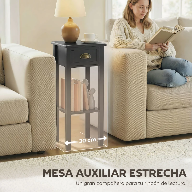 HOMCOM Mesa Auxiliar Estilo Moderno Mesita Auxiliar con Cajón y Estante de Almacenamiento 30x30x75 cm Negro
