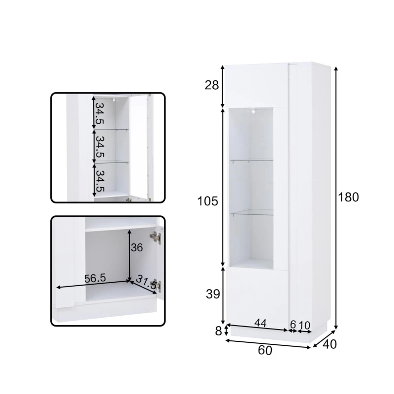 Vetrina LED con porta in acrilico, 5 ripiani in vetro, 60x40x180 cm, Bianco