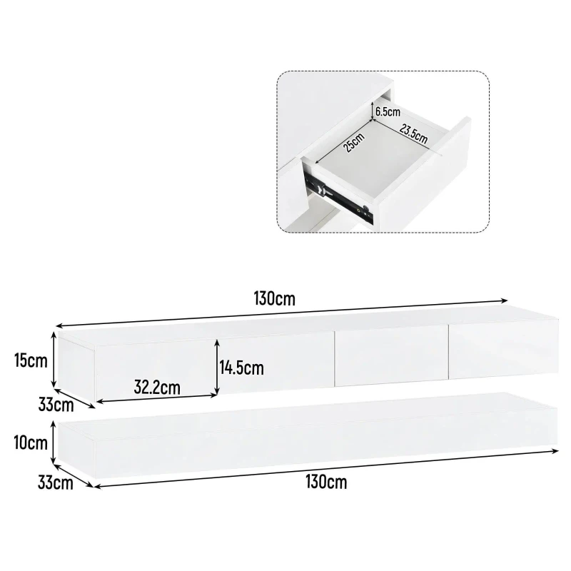 Lowboard per TV LED, montato a parete, quattro cassetti di uguale dimensione, 130x33x15 cm, Bianco