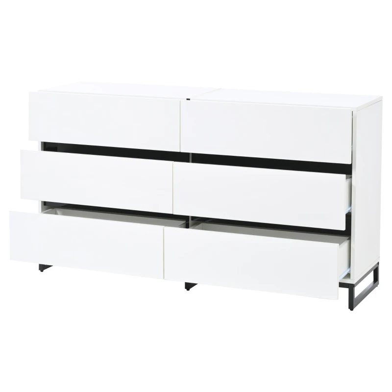 Madia per soggiorno con 6 cassetti, 3 gambe metalliche robuste, 140x39,5x78,5 cm, Bianco+Nero