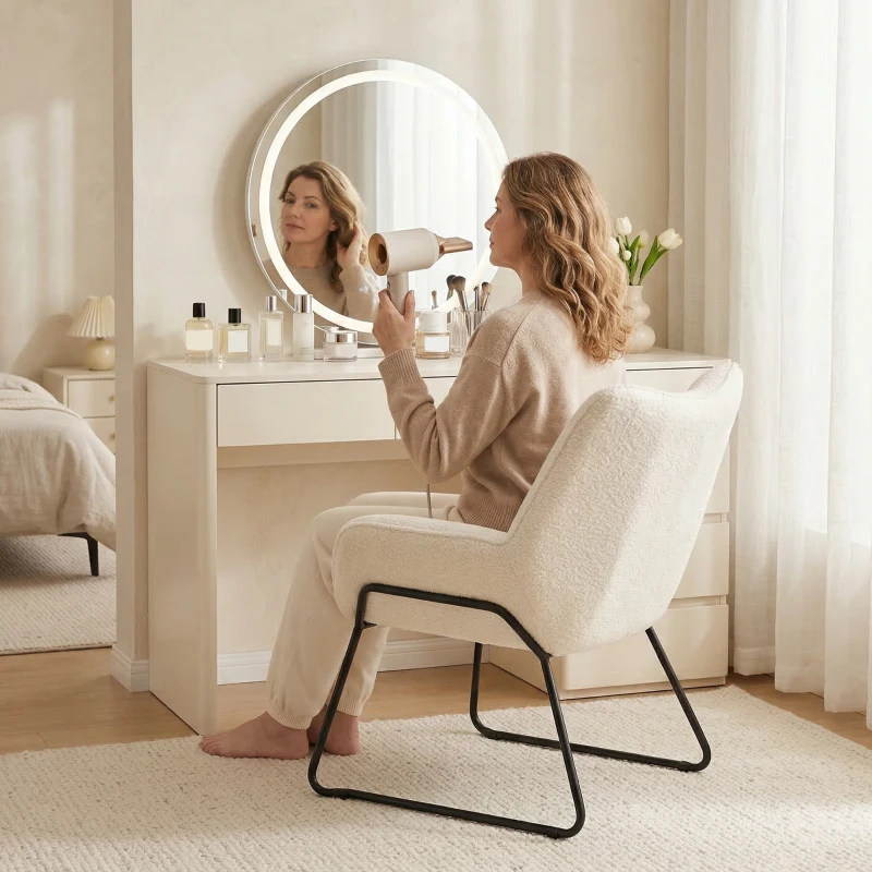 HOMCOM Moderner Akzentstuhl, Sherpa-Fleece gepolsterter Sessel mit breiter Rückenlehne und Stahlbeinen, einfache Montage, Weiß