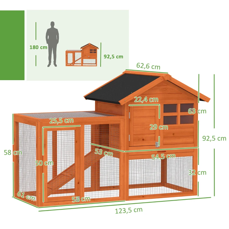 PawHut Clapier 2 étages Clapier pour lapins avec toit bitumé étanche, enclos extérieur, rampe, portes, bois 123,5x62,6x92,5 cm Orange
