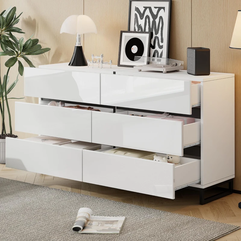 Madia per soggiorno con 6 cassetti, 3 gambe metalliche robuste, 140x39,5x78,5 cm, Bianco+Nero