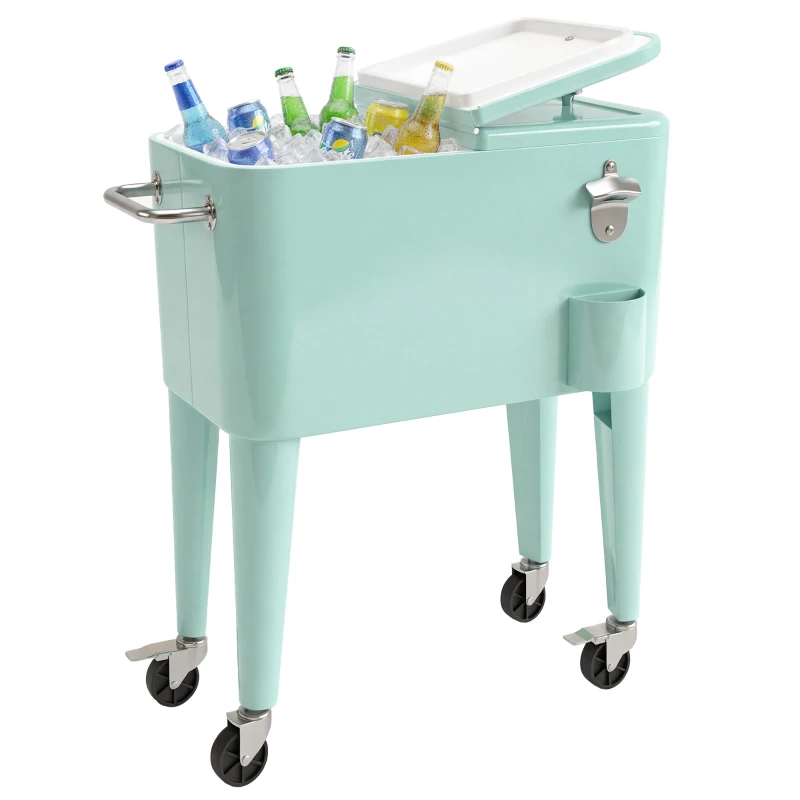 Outsunny Carro de Bebidas Refrigerado 56L con Ruedas Abrebotellas Recogetapas y Asa para Patio Fiesta 75x35x78 cm Verde Claro
