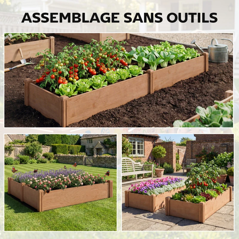 Outsunny Carré Potager en Bois Lit de Jardin Surélevé 4 Zones de Culture Fond Ouvert Montage sans Outil 234x109x25cm Marron Clair