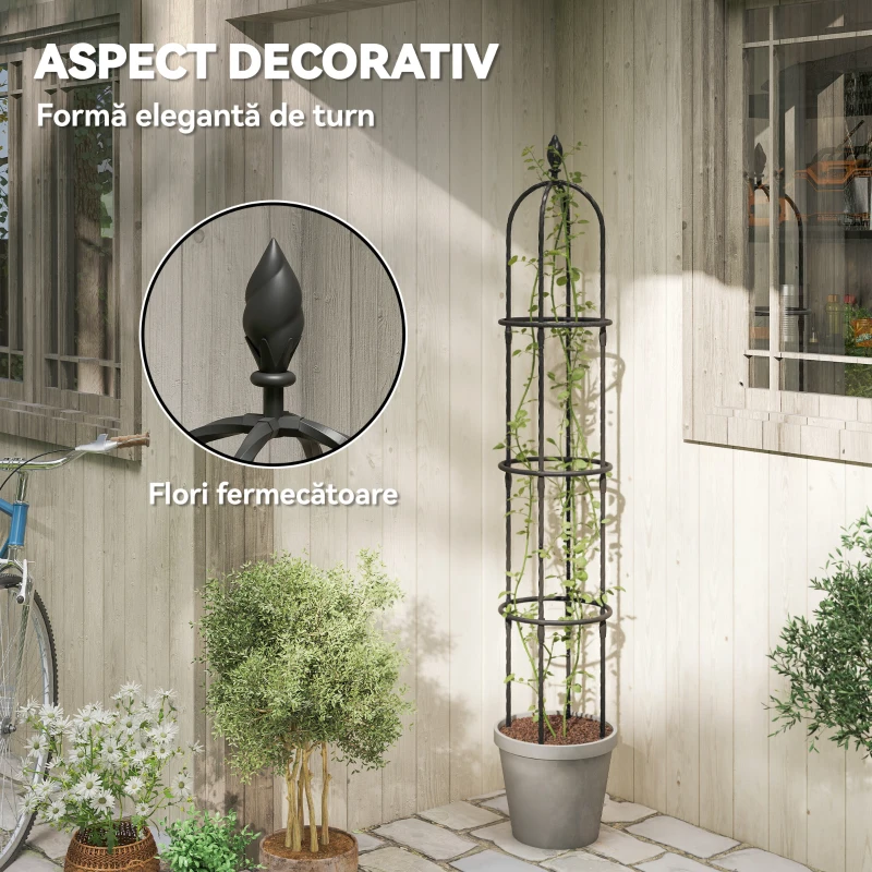Outsunny Set 2 Suporturi pentru Plante Cățărătoare, Înălțime 1,7 m, din Oțel Antirugină cu Decorațiuni, Negru
