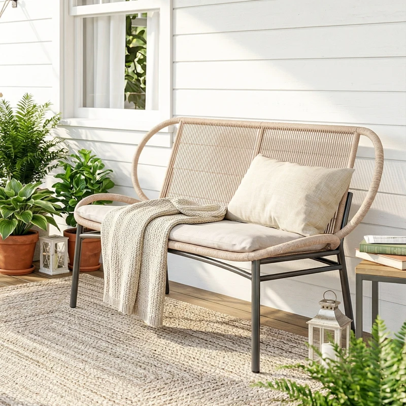 Outsunny 2-Sitzer Gartenbank, Außenbank aus geflochtenem PE mit Metallgestell, wetterbeständig, natur