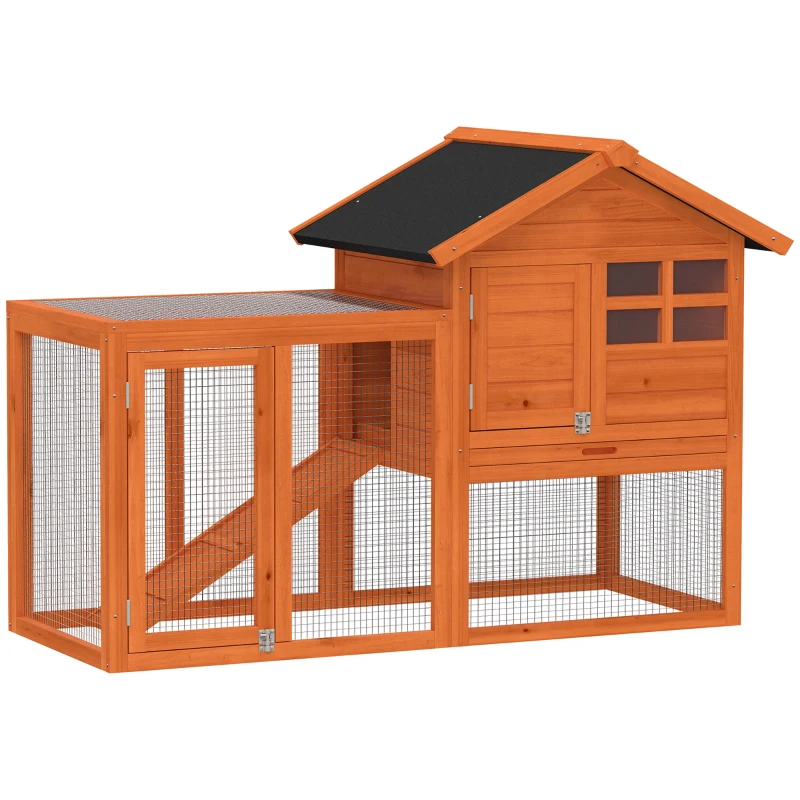 PawHut Domek dla królików 2 poziomy, drewniany domek z wodoodpornym dachem asfaltowym, wybieg, rampa, drzwi, 123,5 x 62,6 x 92,5 cm, pomarańczowy