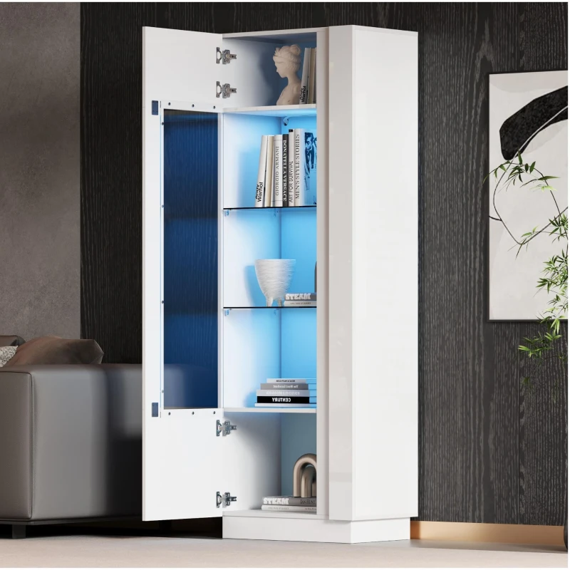 Vetrina LED con porta in acrilico, 5 ripiani in vetro, 60x40x180 cm, Bianco