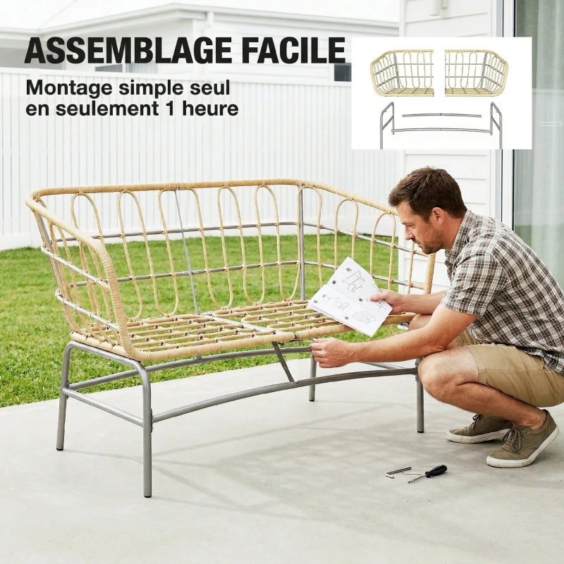 Outsunny Divano da Giardino 2 Posti in Resina Intrecciata con Cuscini Spessi, Antiscivolo, 120x67x79 cm, Marrone