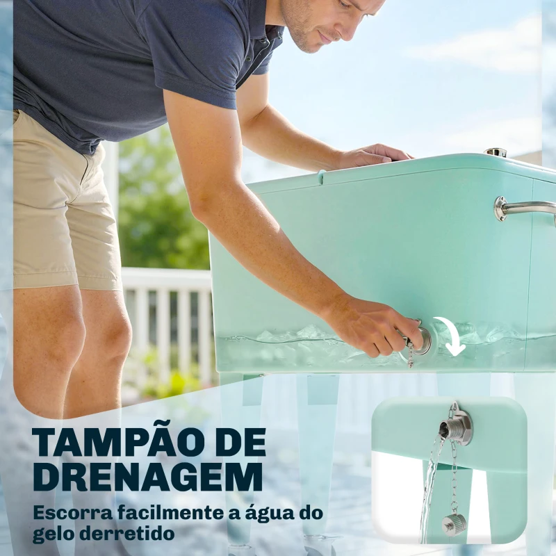 Outsunny Carro de Bebidas Refrigerado 56L com Rodas Abre-garrafas Coletor de Tampas e Alça para Jardim e Festas 75x35x78 cm Verde Claro