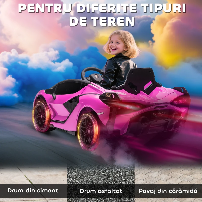 HOMCOM Macchina Elettrica per Bambini 3-5 Anni Lamborghini 12V con Telecomando e Velocità 3-8km/h, Rosa
