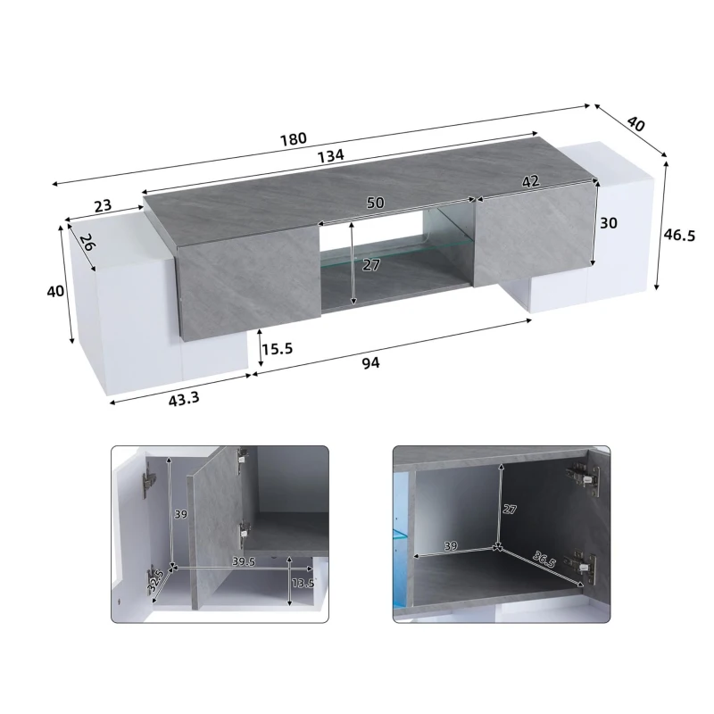 Mobile TV basso con illuminazione LED Bluetooth, 4 ante e vano portaoggetti, 180x40x46.5 cm, Bianco e Grigio