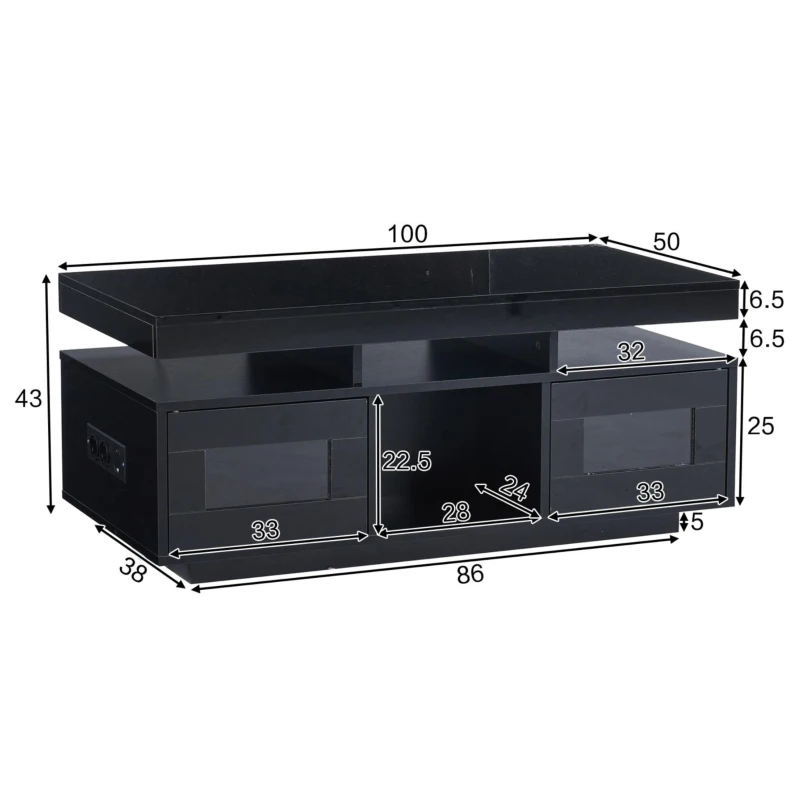 Tavolino da salotto a LED RGB con spazio portaoggetti aperto e chiuso, 100x50x43 cm, Nero