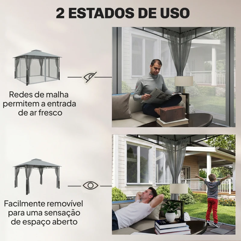 Outsunny Carpa para Jardim com Telhado Duplo Gazebo com Paredes de Rede UPF50+ para Exterior Terraço 360x300x275 cm Cinzento