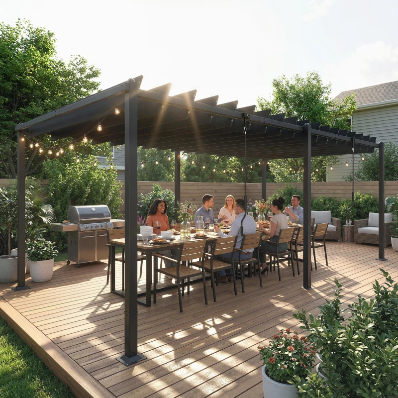 Outsunny Pergola Gartenlaube mit verstellbarem Lamellendach 0-90° Große Kapazität 11 Personen UV50+ 572x298x220cm Grau