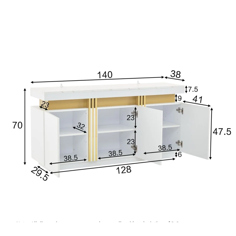 Madia moderna a 3 ante con 6 ripiani regolabili, 140x38x70 cm, Bianco