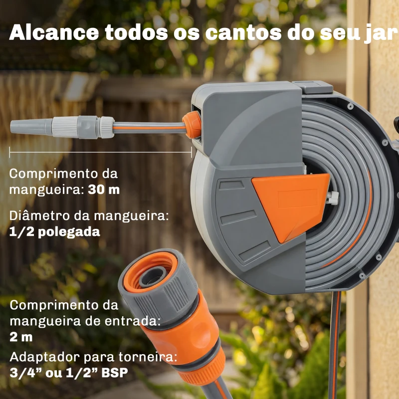 Outsunny Carretel de Mangueira para Jardim 30+2 m com Bocal de 2 Modos Bloqueio Automático e Retracção Orientável 180° Laranja
