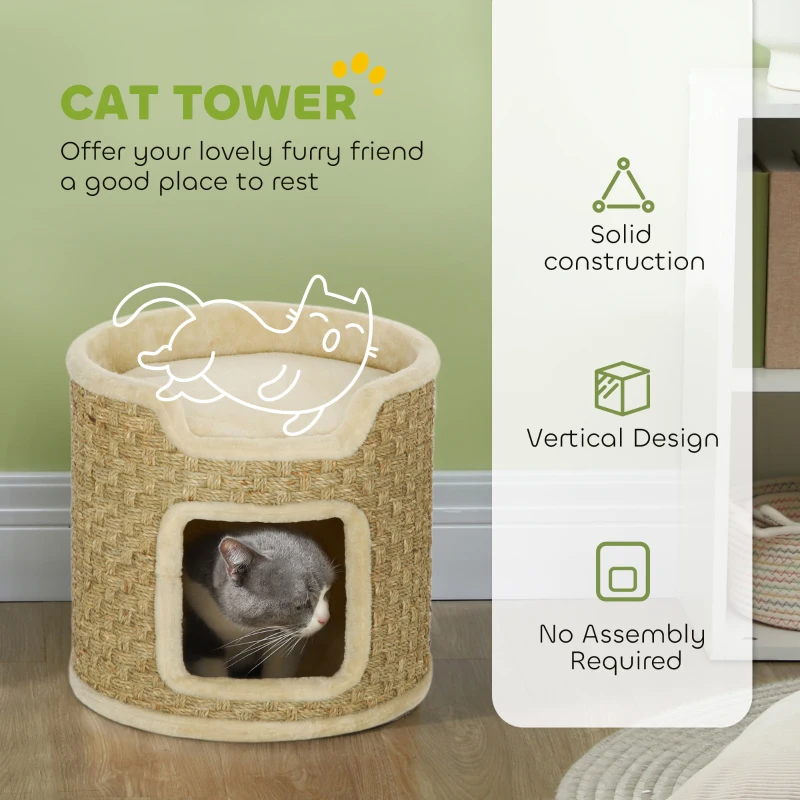 PawHut 37cm Cat Barrel Tower, Small Cat Tree for Indoor Cats with Plush Platform, Khaki