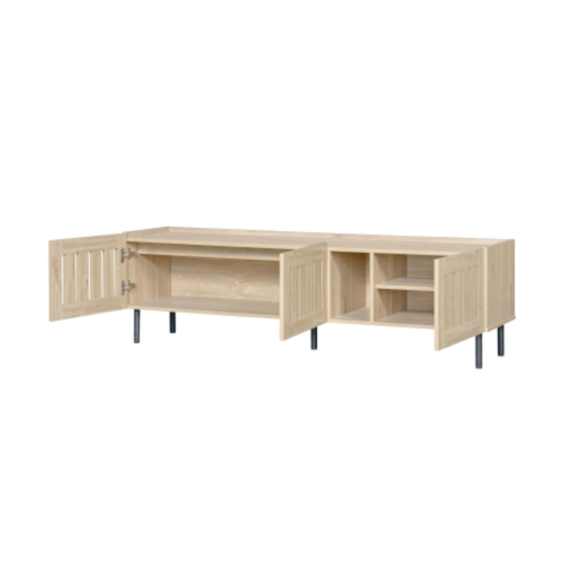 Mobile basso con ante a lamelle, foro passacavi e gambe in metallo, 160x40x47 cm, Color legno