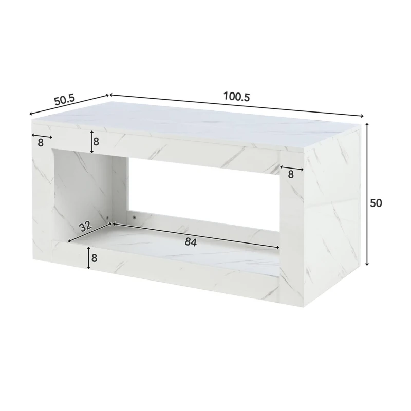 Tavolino moderno portaoggetti a LED effetto marmo, 100x50x50 cm, Bianco