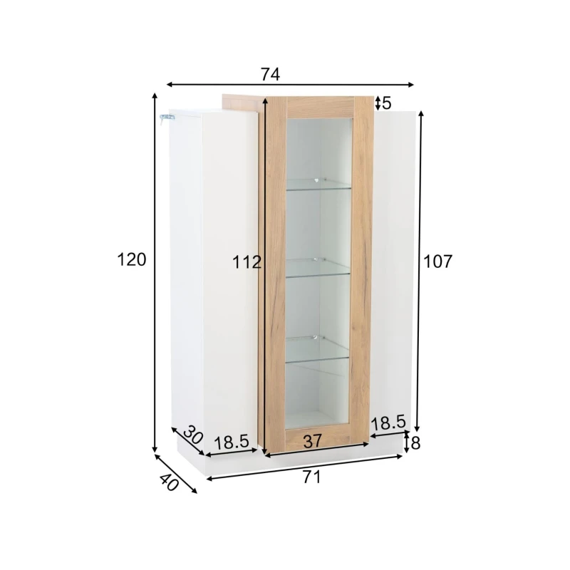 Vetrina per soggiorno a LED con frontale in acrilico trasparente, 74x40x120 cm, Bianco e Color legno