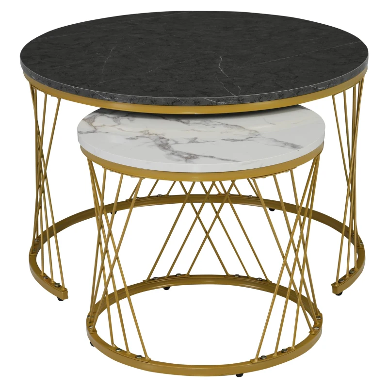 Set 2 tavolini annidati con struttura in metallo dorato, 70x70x45 cm / 45x45x40 cm, Grigio