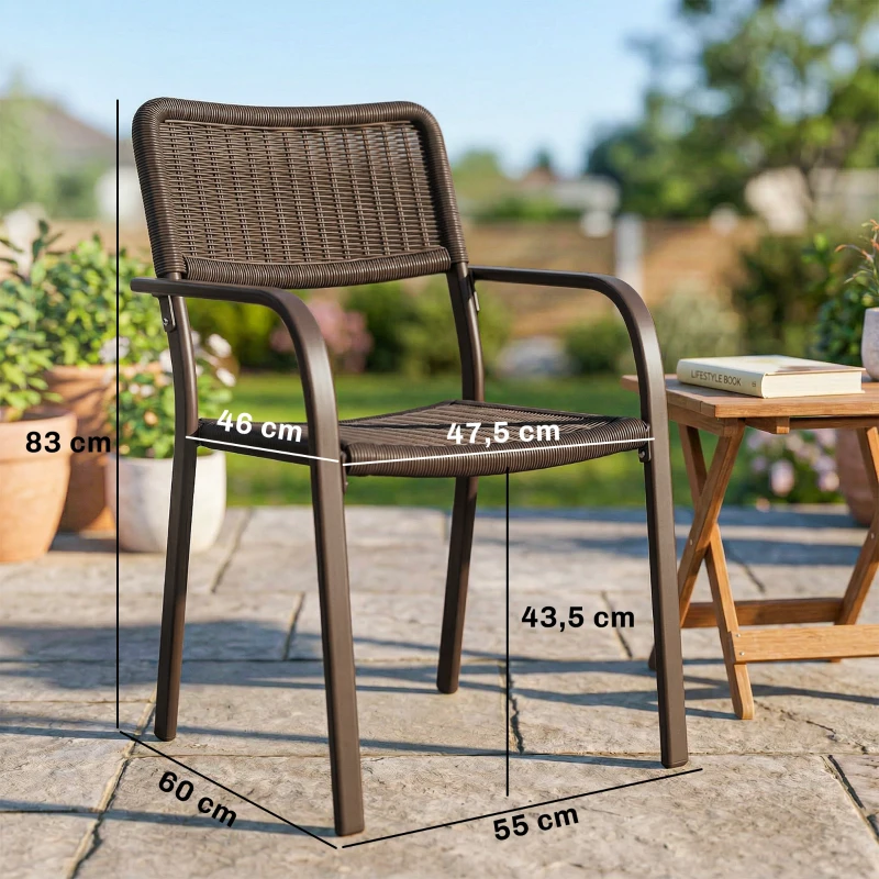 Outsunny Conjunto de 4 Cadeiras de Jardim Exterior Empilháveis com Apoios de Braços Encosto e Estrutura de Aço 55x60x83 cm Castanho Escuro