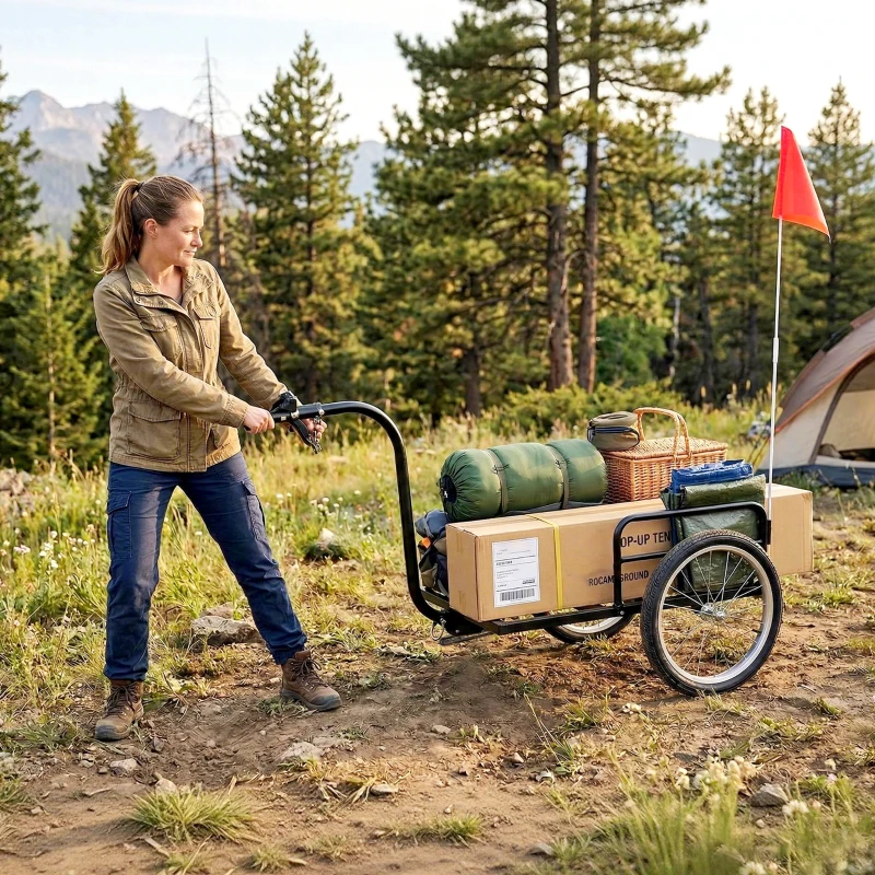 SPORTNOW Reboque para Bicicleta de Carga 40 kg Carrinho de Mão de Aço com Bandeira Vermelha Rodas de 16 Polegadas 145x60x42 cm Preto