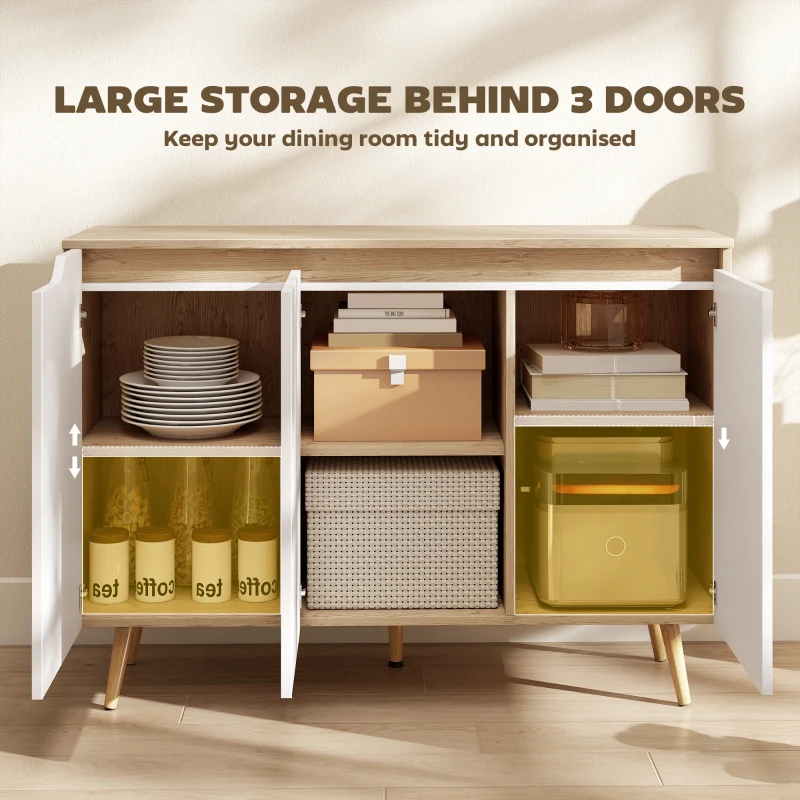 HOMCOM Sideboard Storage Cabinet, Kitchen Cupboard with 3 Doors, 2 Adjustable Shelves and 5 Rubberwood Legs, White and Oak