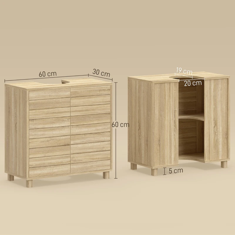 HOMCOM Móvel para Lavatório, Recorte em U, Portas com Ripas, Prateleira Ajustável, Abertura por Pressão, 60x30x60cm, Natural