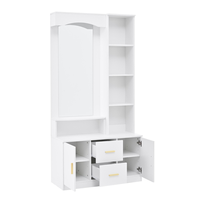 Mobile da ingresso multiuso con specchio e scarpiera, 2 cassetti e 2 ante, 90x40x180 cm, Bianco