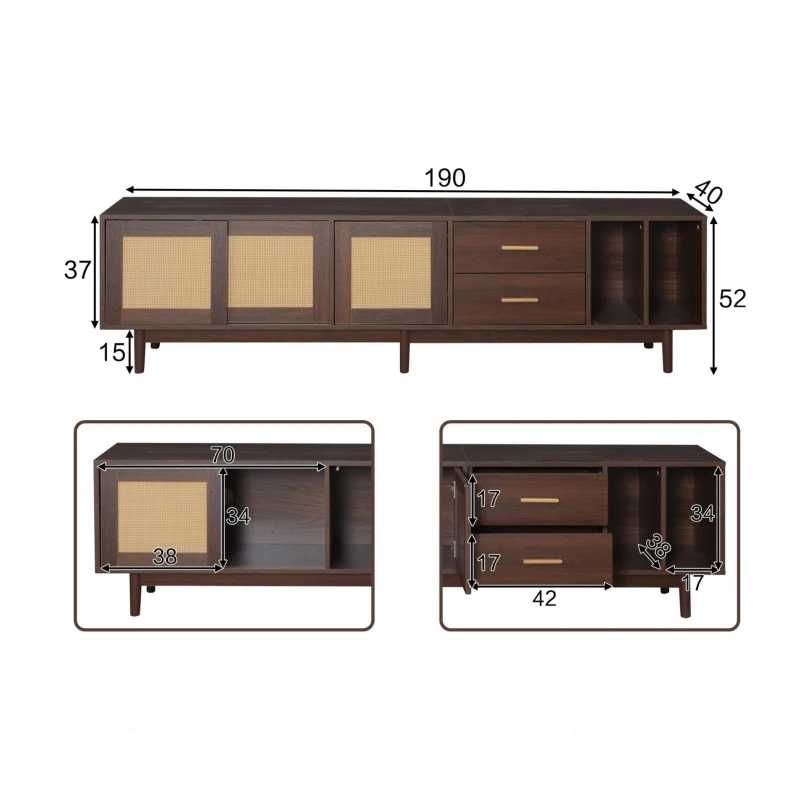 Mobile TV basso con ante in rattan, 3 ante e 2 cassetti, 190x40x52 cm, Marrone
