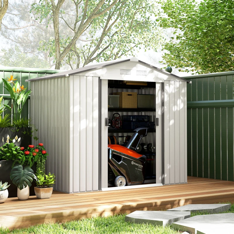 Outsunny Abrigo de Jardim 213x130x185cm Abrigo de Jardim Metálico de Exterior com 2 Portas Deslizantes e 4 Janelas Branco e Cinza