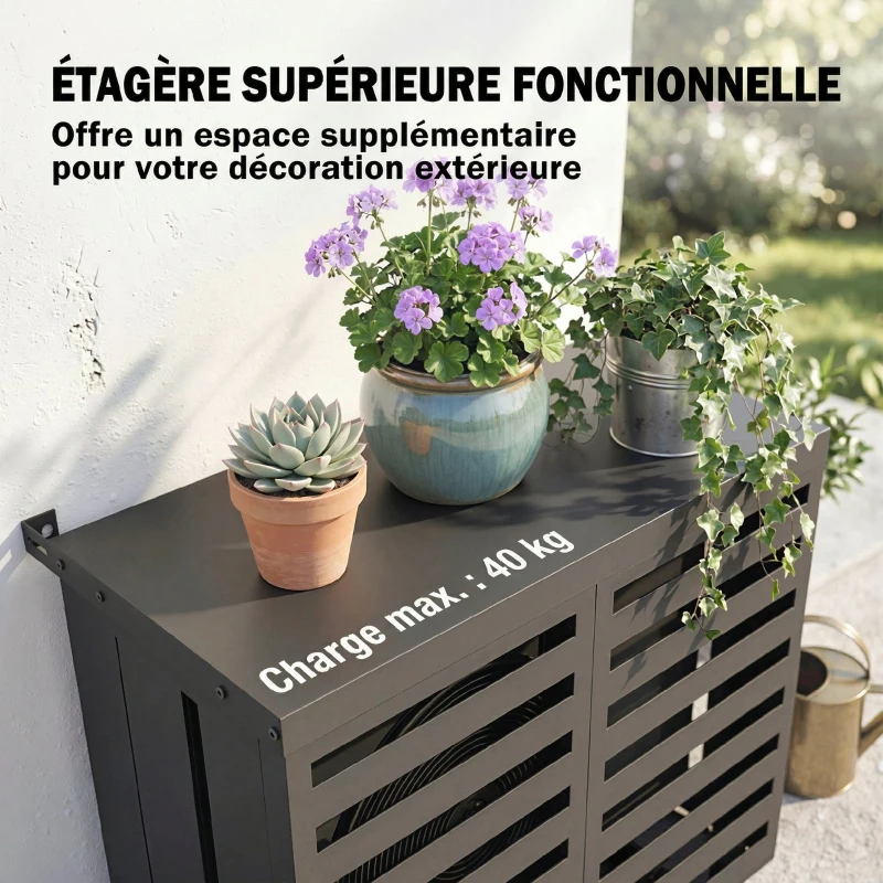 Outsunny Cache Climatiseur Exterieur, Housse Climatiseur à Lattes pour Unité Extérieur, Acier Galvanisé, 100x50x80cm, Gris Foncé