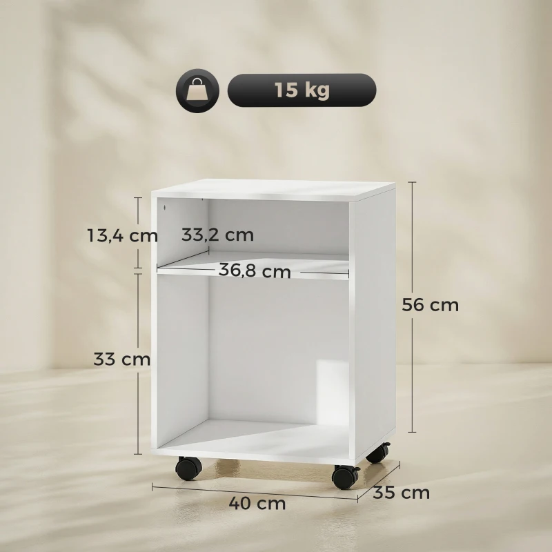 HOMCOM Printerstandaard Printertafel met 2 open planken en wieltjes met rem voor Kantoor Thuis Fax Scanner 40 x 35 x 56 cm Wit