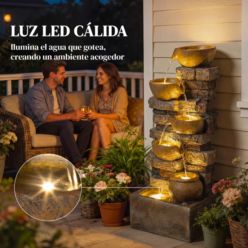 Outsunny Fuente de Jardín con Iluminación LED Bomba Fuente Decorativa en Cascada de 5 Niveles Flujo Ajustable Marrón Rústico