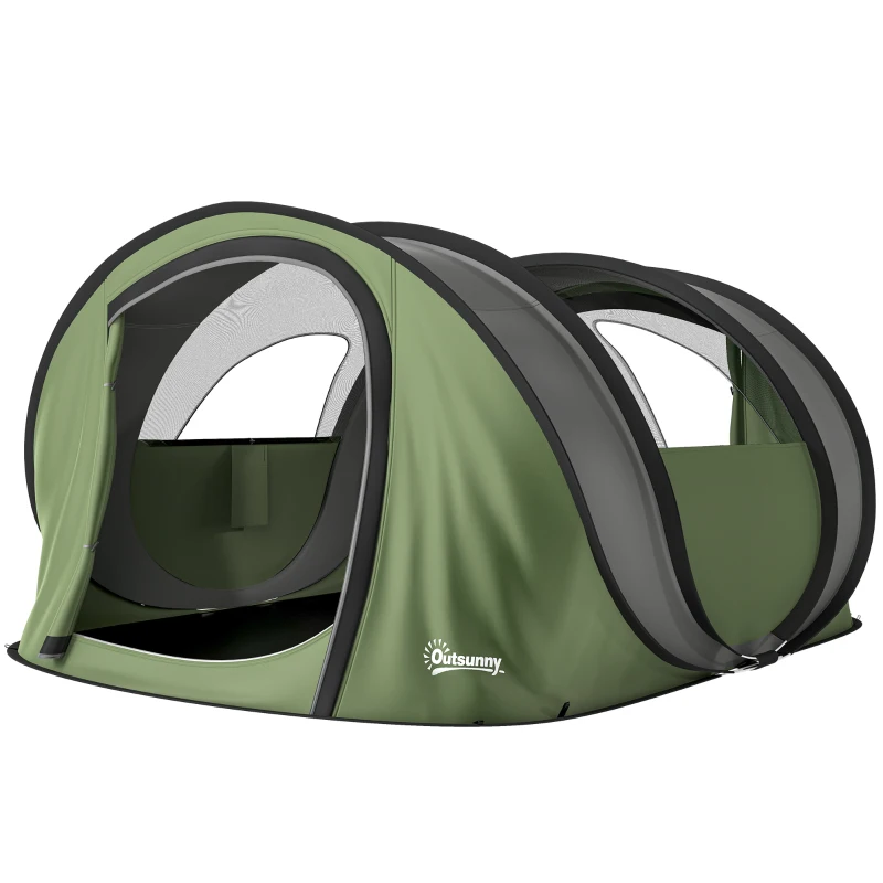 Outsunny Tente de camping Pop-Up 4-5 personnes, 2 portes, 2 fenêtres, imperméable, vert